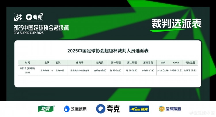  超級杯海港vs申花裁判員名單：主裁判唐順齊，VAR劉威