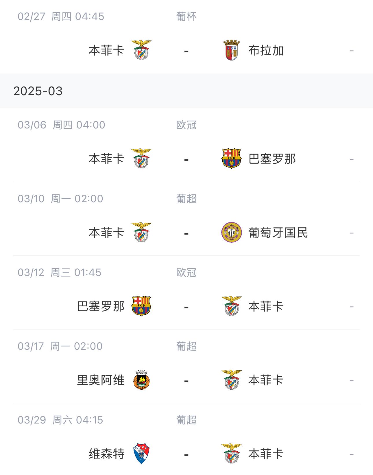  讓路歐冠！本菲卡戰(zhàn)巴薩首回合比賽前的葡超比賽推遲進(jìn)行
